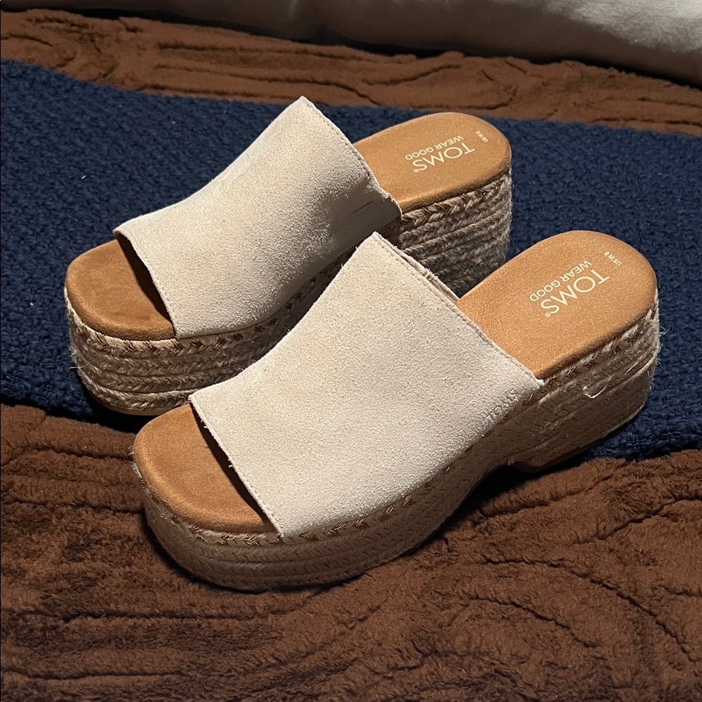 TOMS Cream Suede Platform Espadrille Slides